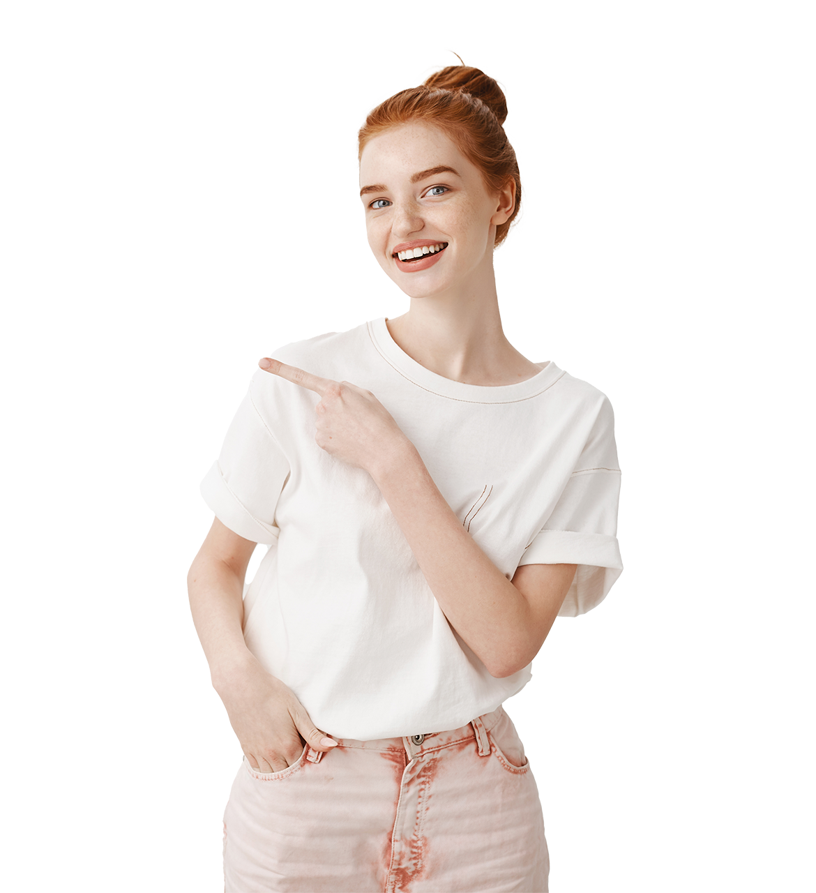 pretty stylish redhead girl pointing finger left smiling